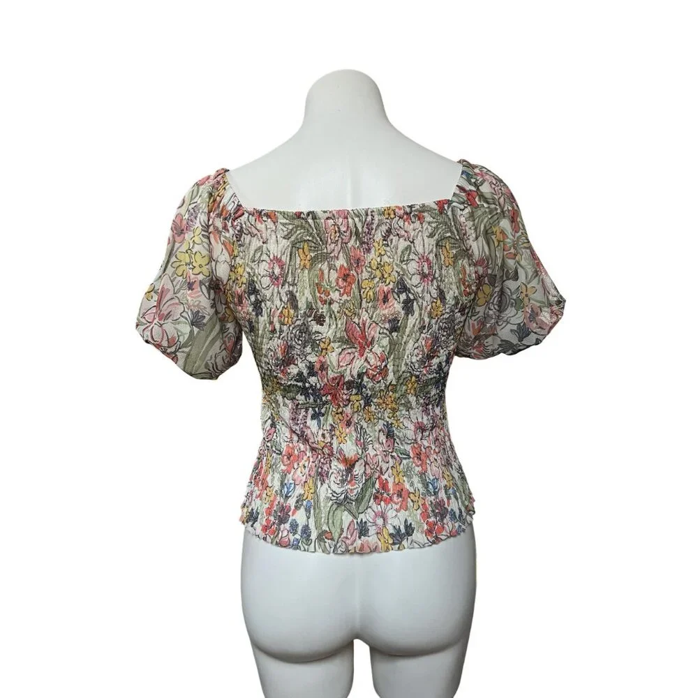 By Anthropologie Aurelia Floral Smocked Mesh Net Top Small Puff Sleeve